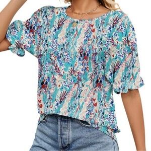 TWY Blue Floral Print Ruffle Short Sleeve Crew Neck
Puff Sleeve Blouse